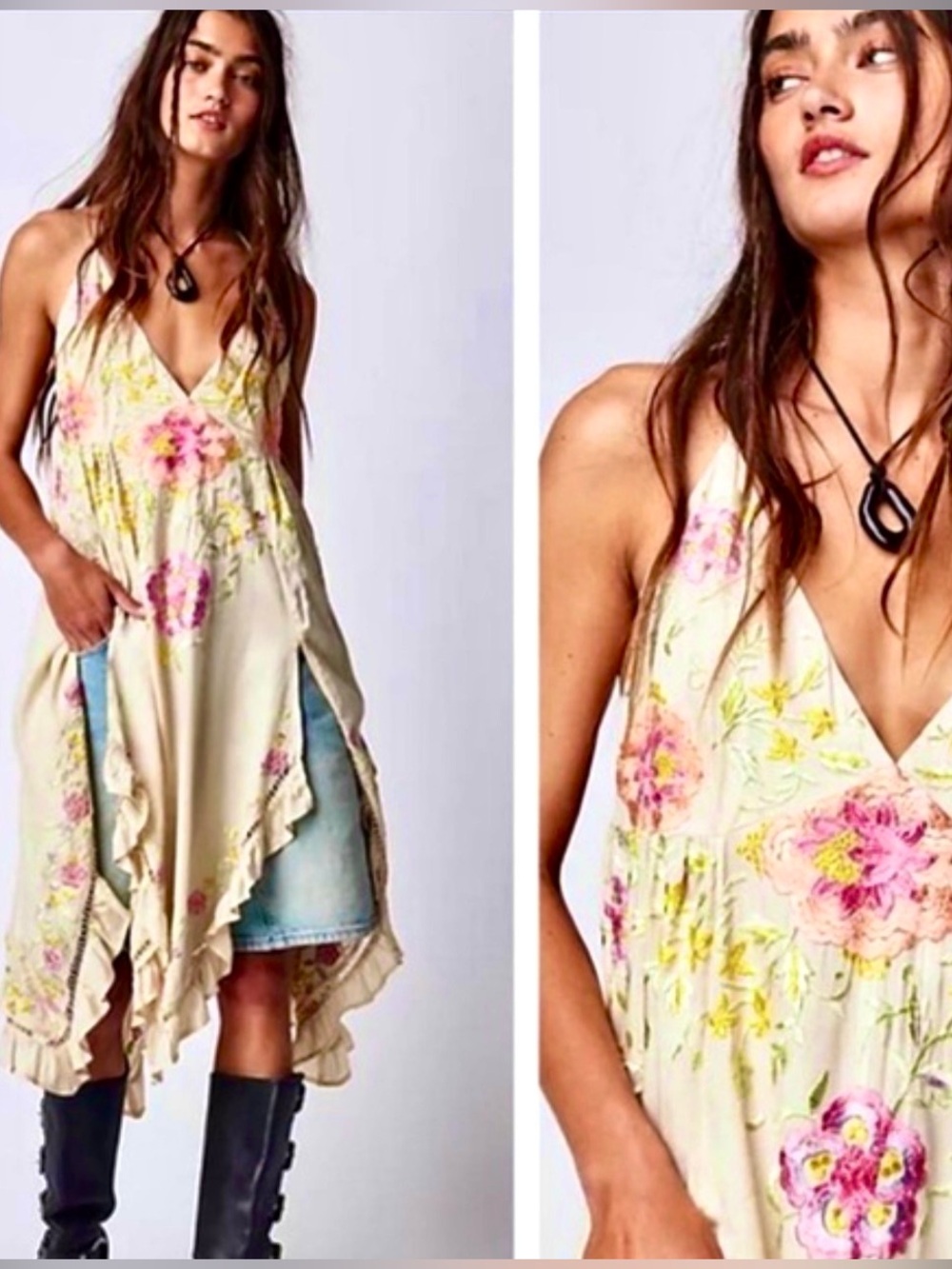 Free People Cream Floral Embroidered V-Neck Slip Dress - Picture 6 of 16
